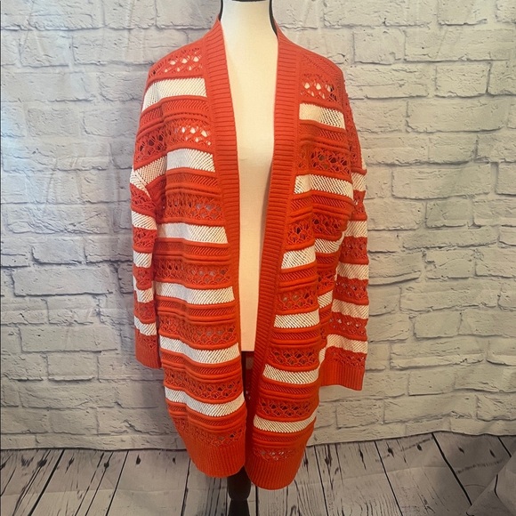 Maeve Anthropologie Crochet Open Cardigan Sweater Orange & White Size Medium - Picture 2 of 9